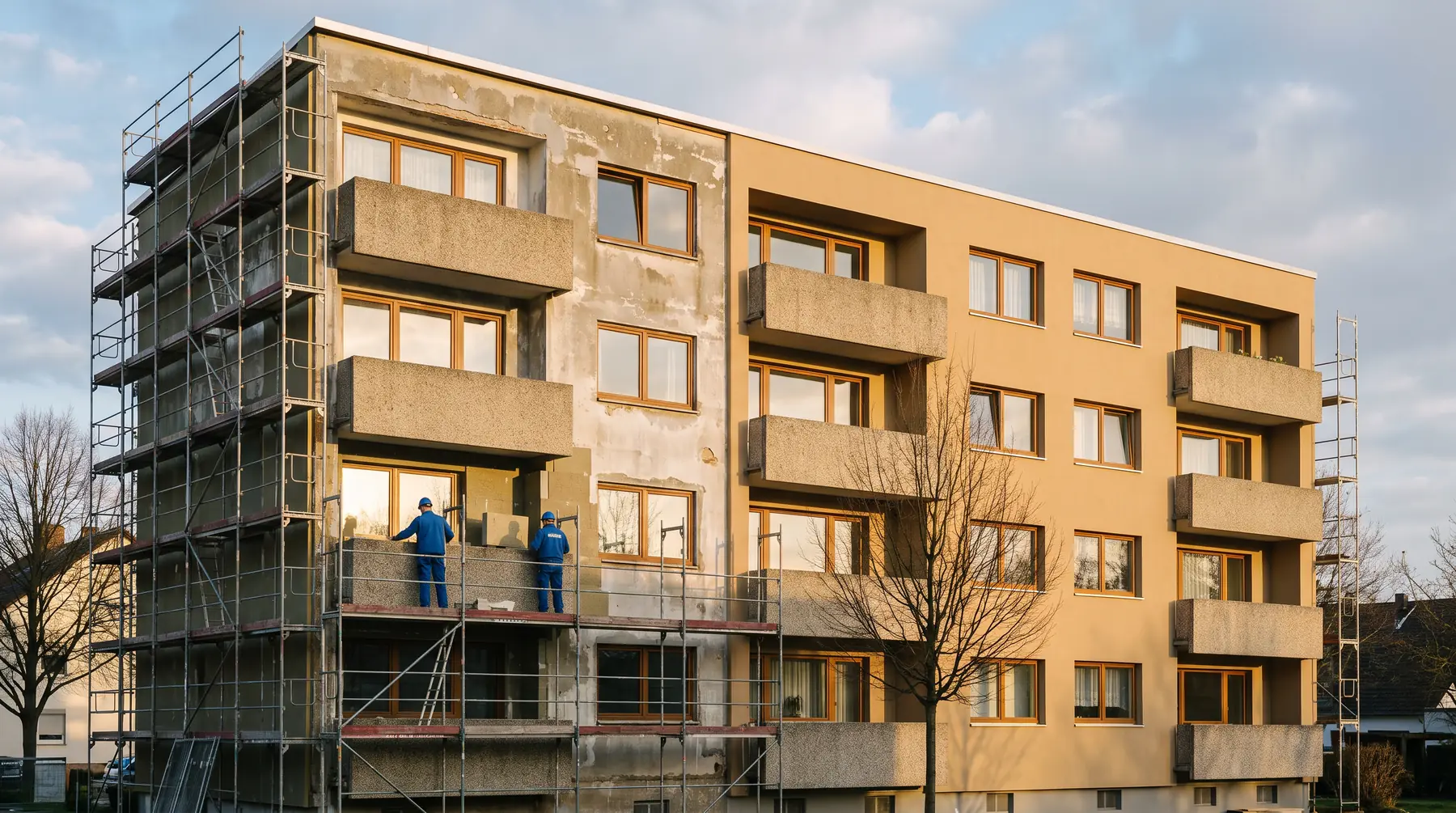 Mehrfamilienhaus während der Fassadensanierung: die linke Hälfte ist bis auf den Putzgrund freigelegt, zwei Handwerker setzen auf dem Gerüst eine Dämmplatte an, die rechte Hälfte ist bereits gedämmt und verputzt.