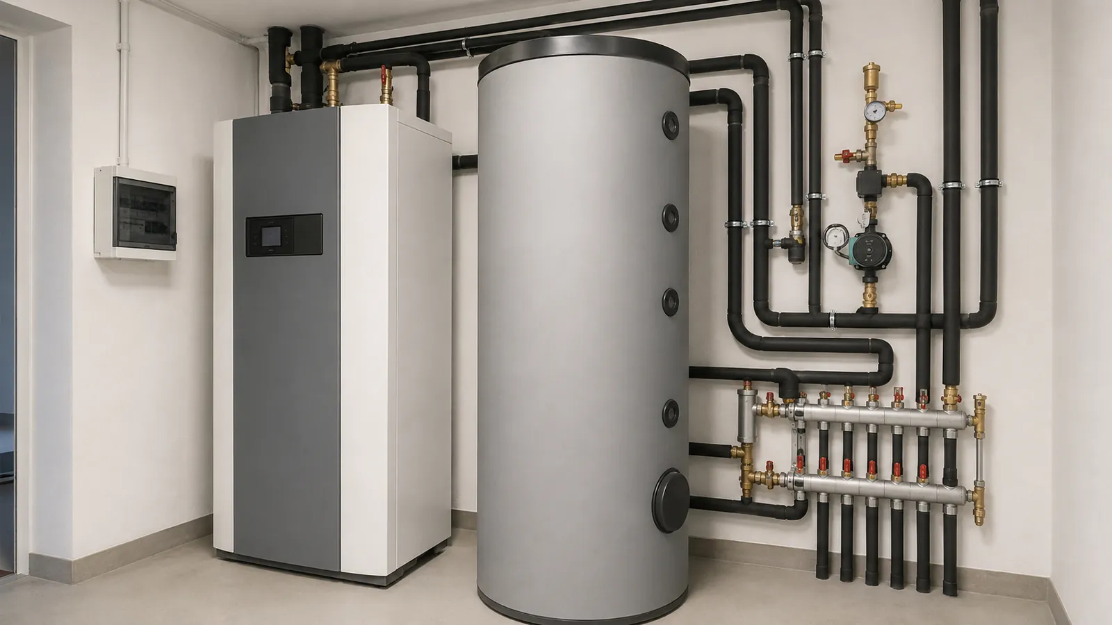 Technikraum eines Wohngebäudes mit Luft-Wasser-Wärmepumpe, Pufferspeicher und sauber gedämmten Leitungen